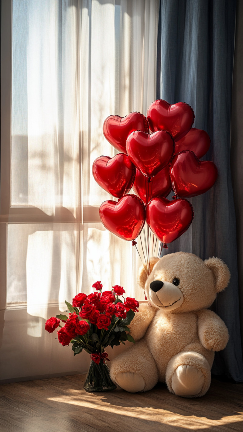 Romantic Teddy Bear and Roses