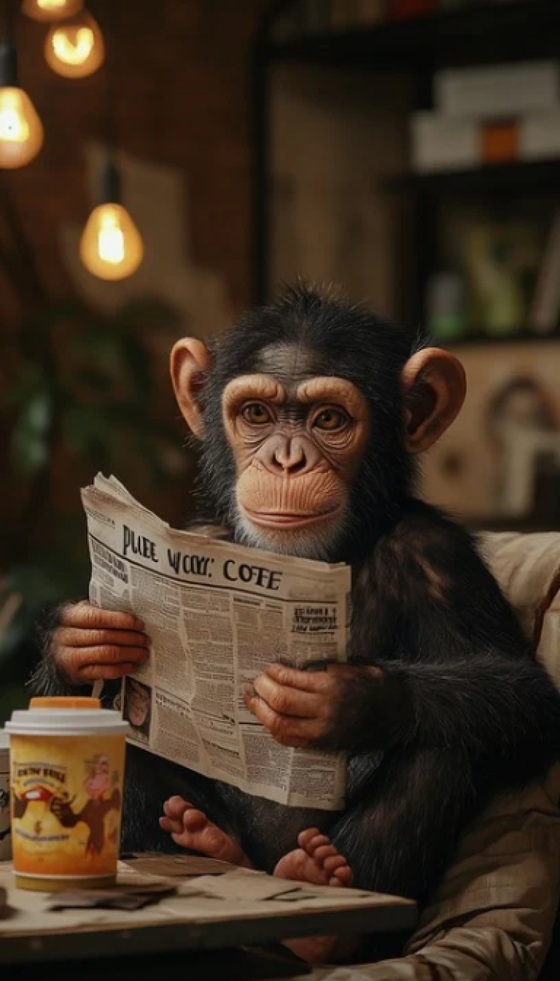 Chimpanzee reading newspaper