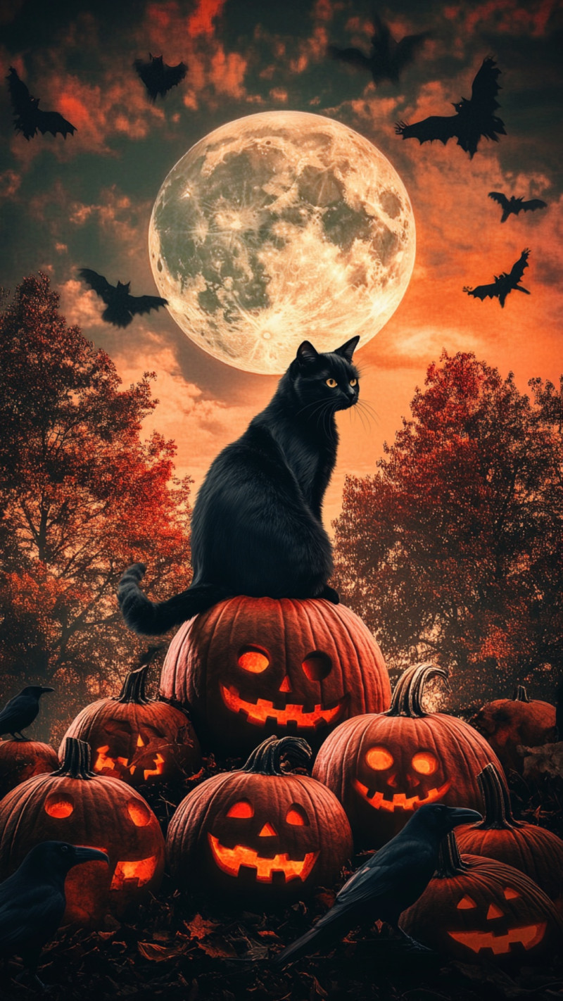 Black Cat on Pumpkin Pile
